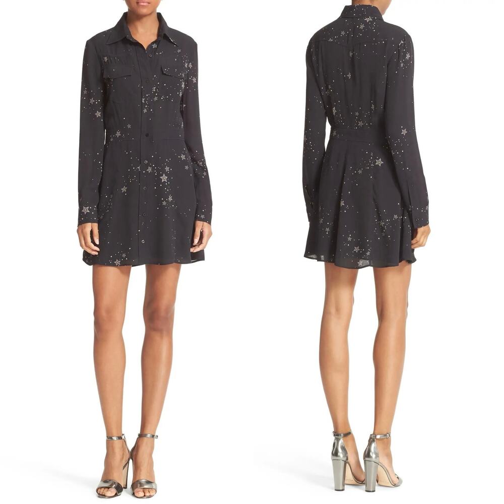 ALC Pedro Star Print Black Silk Mini Dress Long-Sleeve Shirtdress Size 4